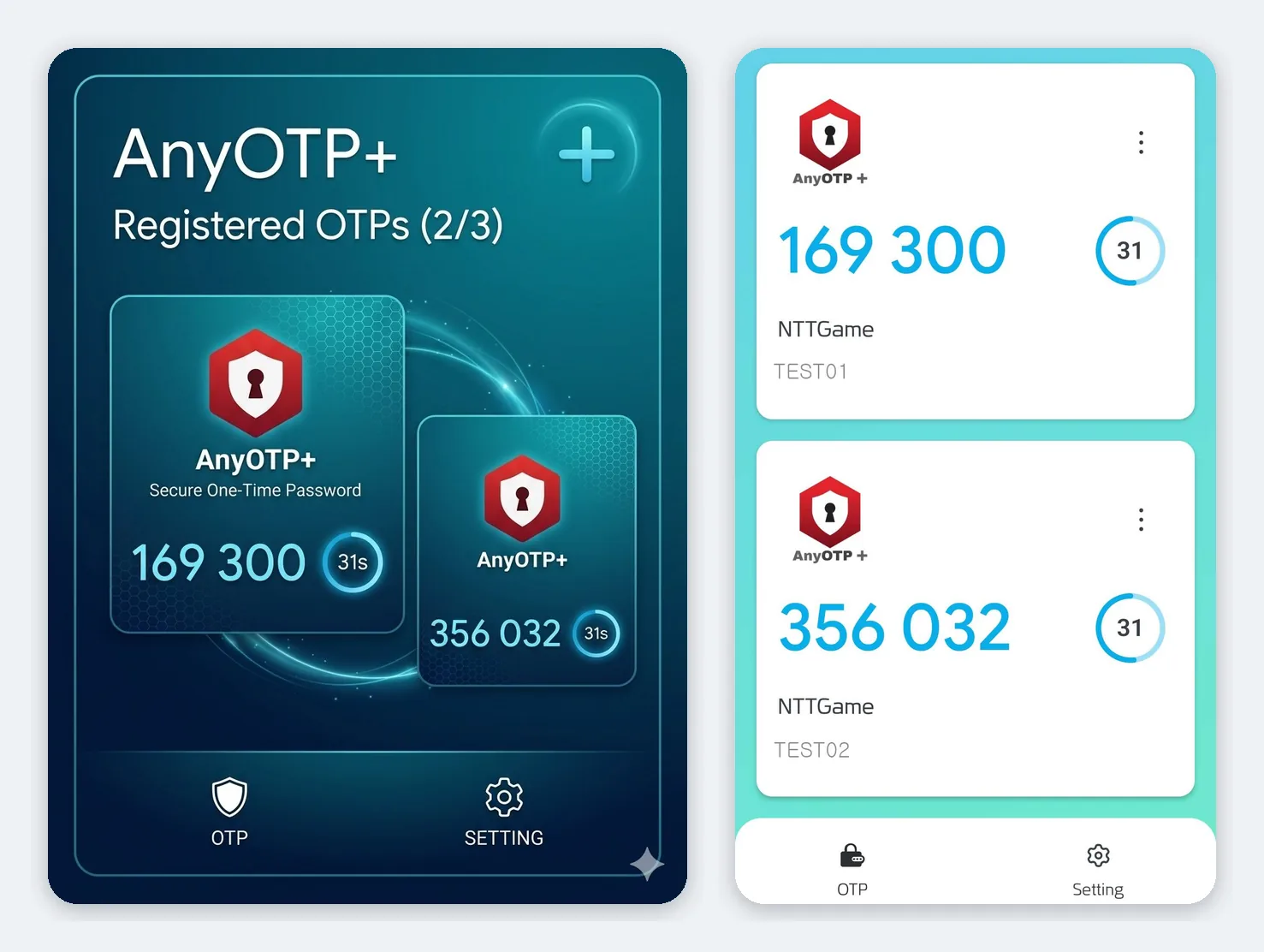 AnyOTP+ uygulamasının ana ekranı: iki kayıtlı hesap, her birinin altı haneli kodu ve kalan saniyesi