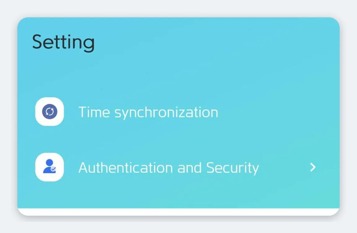 AnyOTP+ Setting menüsü: Time synchronization ve Authentication and Security seçenekleri