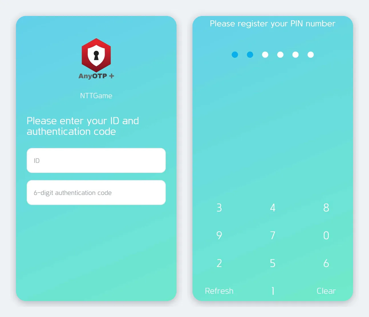 AnyOTP+ kurulum ekranları: ID ve 6 haneli doğrulama kodu alanları ile PIN belirleme tuş takımı