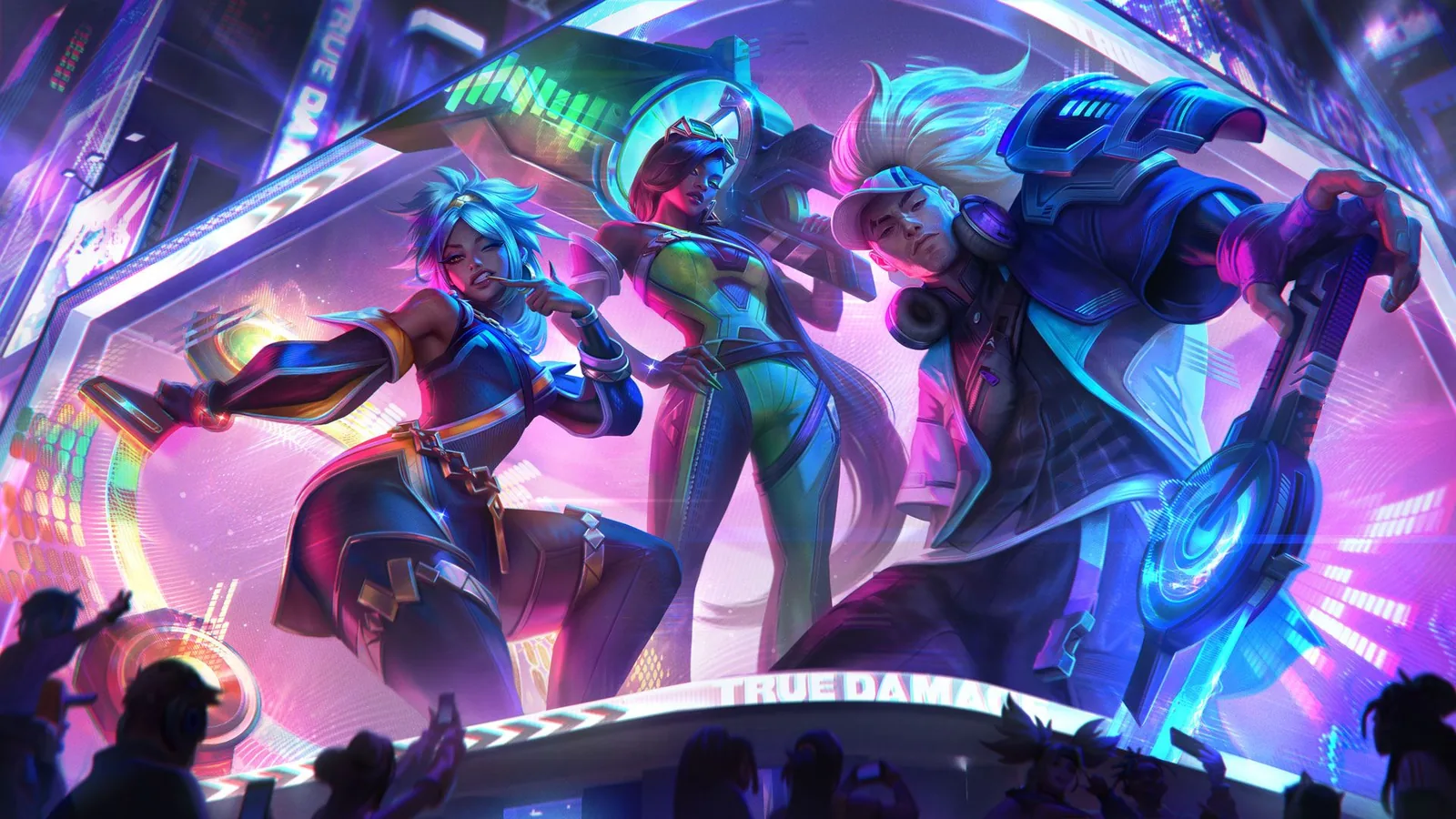 True Damage Know My Name Qiyana, Senna ve Yasuo kostümlerinin tanıtım görseli