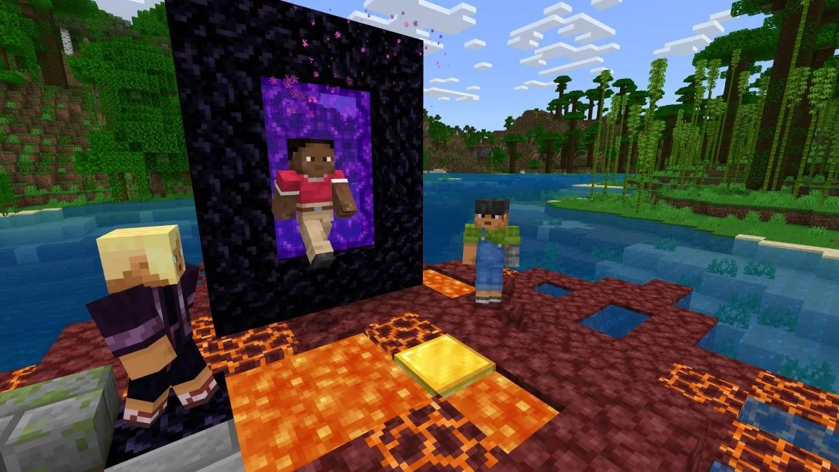 Minecraft oyun içi görüntü: Nether portalının önünde karakterler ve lav