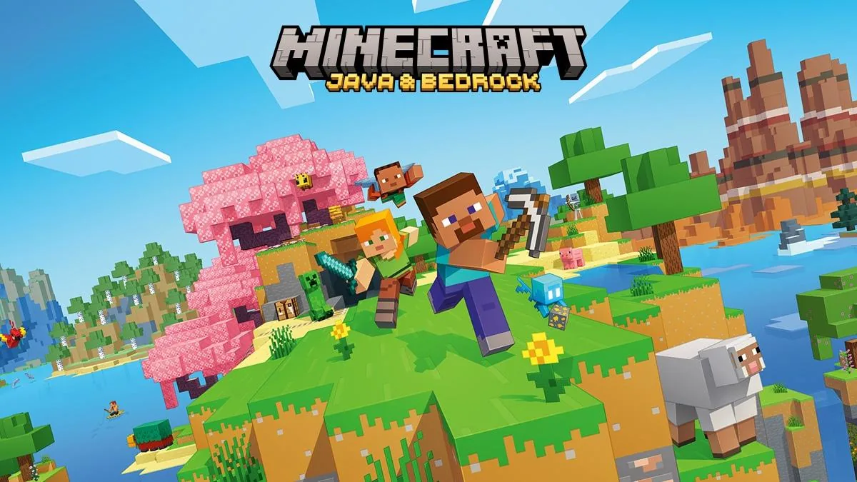 Minecraft Java ve Bedrock Edition tanıtım görseli: Steve ve Alex kiraz ağaçlı bir biyomda