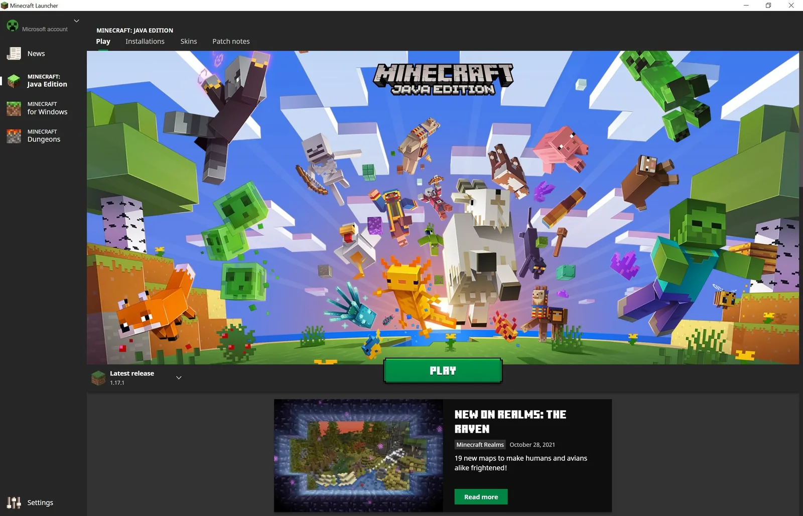 Minecraft Launcher ekranı: solda Java Edition ve Minecraft for Windows, ortada Java Edition için Play düğmesi