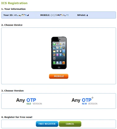 ICS Registration sayfasında Choose Device, Choose Version ve FREE REGISTER bölümleri