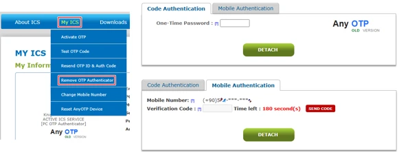 OTP sitesinde MY ICS menüsü: Resend OTP ID ve Auth Code, Reset AnyOTP Device ve Remove OTP Authenticator seçenekleri