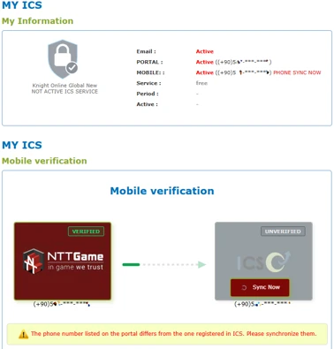 OTP sitesinde MY ICS sayfasındaki PHONE SYNC NOW bağlantısı ve Sync Now düğmeli numara eşitleme ekranı