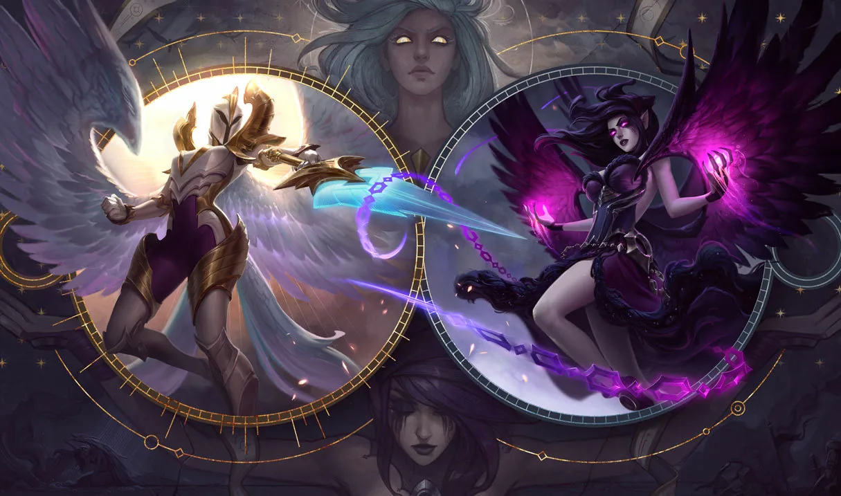 Morgana’nın League of Legends’taki varsayılan kostüm görseli: Kayle ve Morgana karşı karşıya