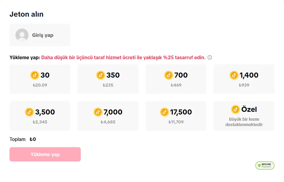 TikTok web sitesindeki Jeton alın sayfası: 30 jeton 20,09 TL, 350 jeton 235 TL, 17.500 jeton 11.709 TL ve Özel miktar kutusu