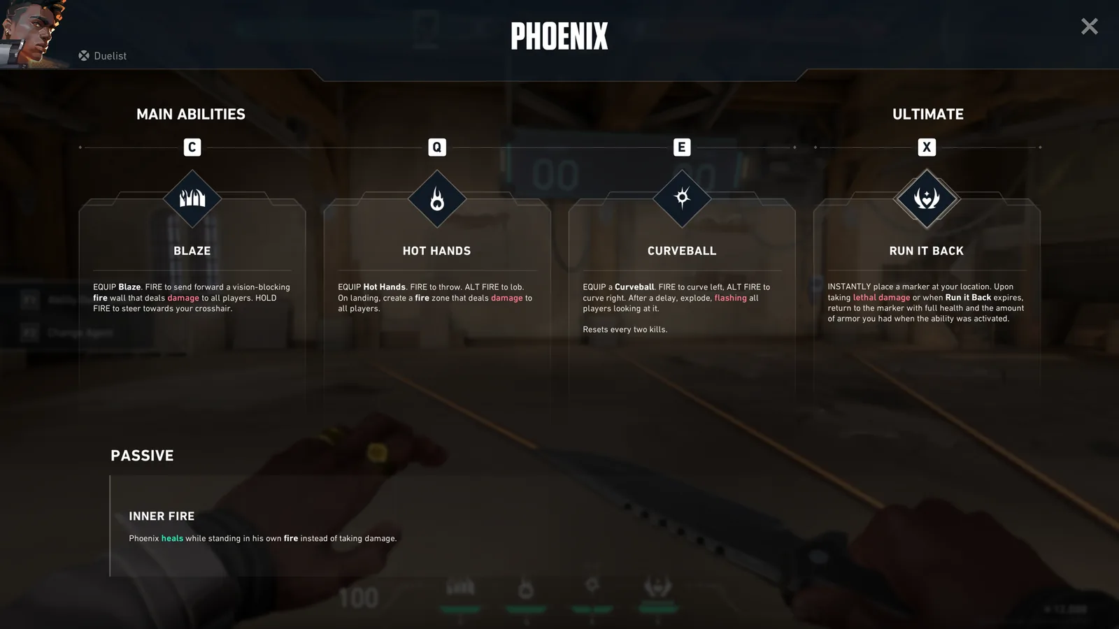Phoenix’in yeniden tasarlanan yetenek ipucu ekranı: C, Q, E ve X tuşlarındaki yetenekler ve altta pasif yeteneği